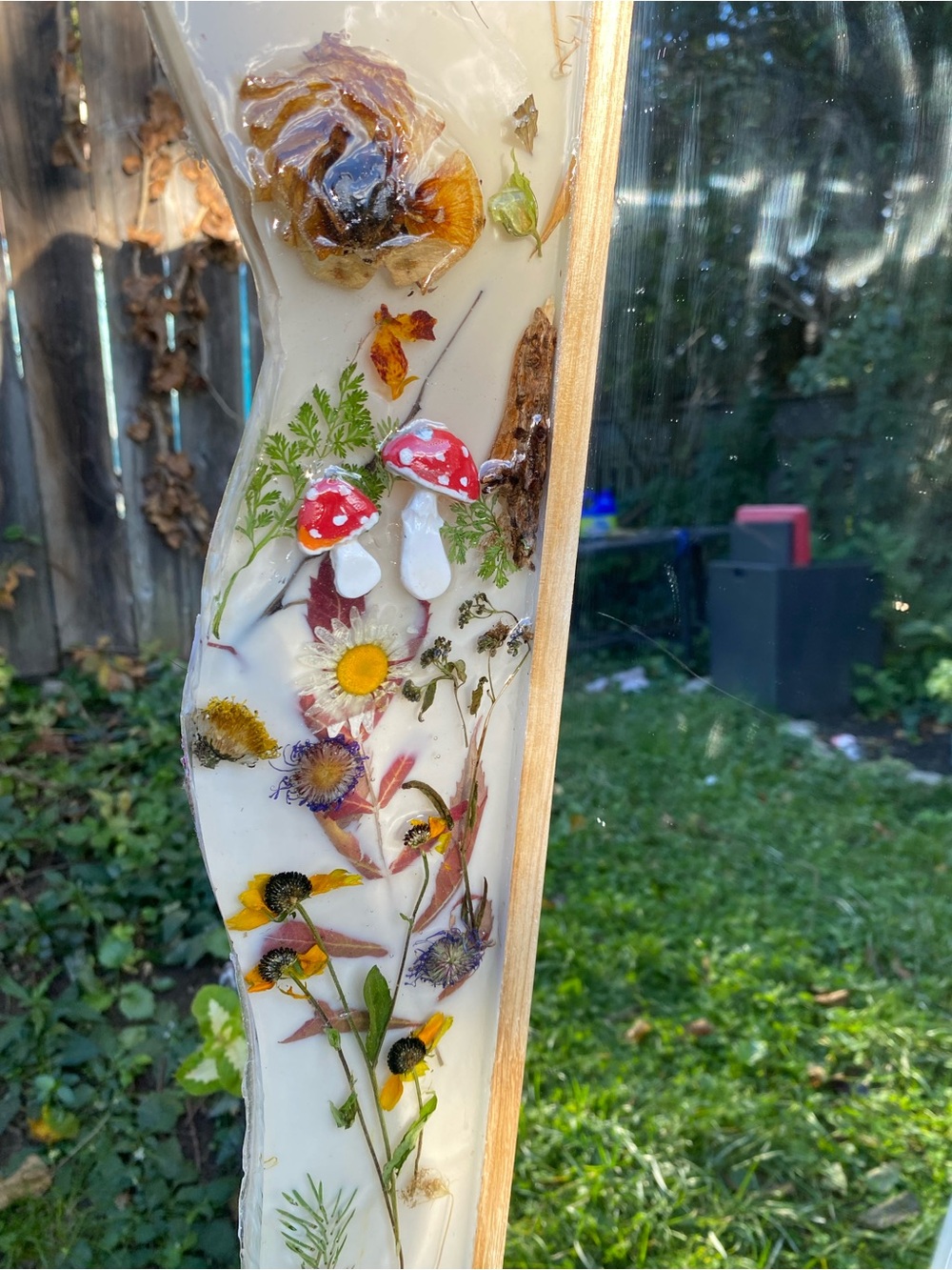 Whimsical Fairy Botanical Resin Mirror with Red Mushroom Accent